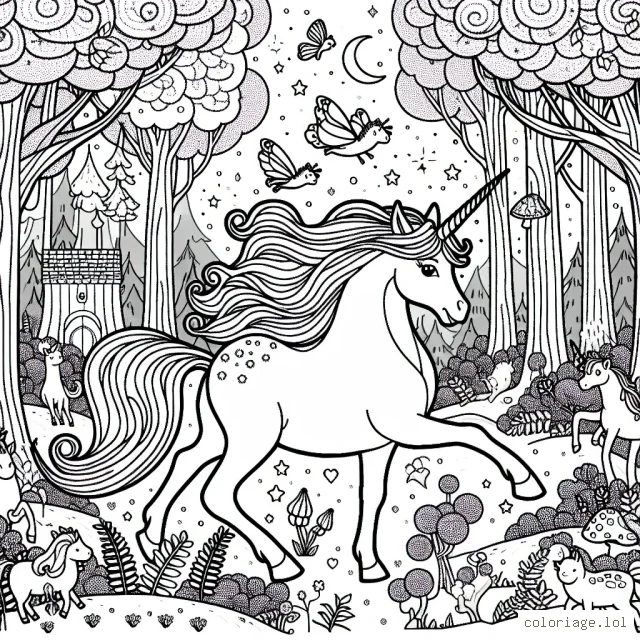 Une licorne majestueuse se promène dans une magnifique forêt magique pleine de créatures enchantées