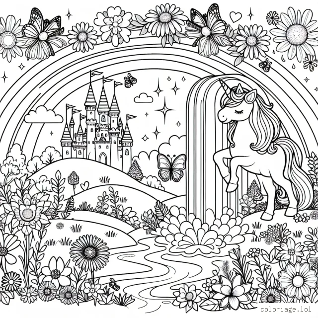 Un paysage féerique comportant une licorne majestueuse près d'une cascade luisante qui est entourée par un arc en ciel lumineux, de jolies fleurs de toutes les sortes et de petits papillons délicats qui flottent dans l'air. Au loin, il y a également un magnifique château de conte de fées où vit une adorable princesse.