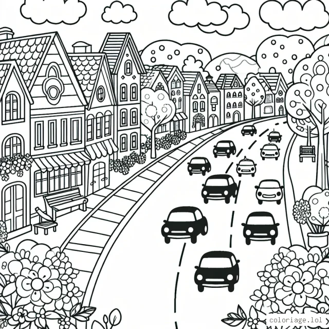 Une parade de voitures colorées sur une rue bordée de bâtiments pittoresques et d'arbres florissants.