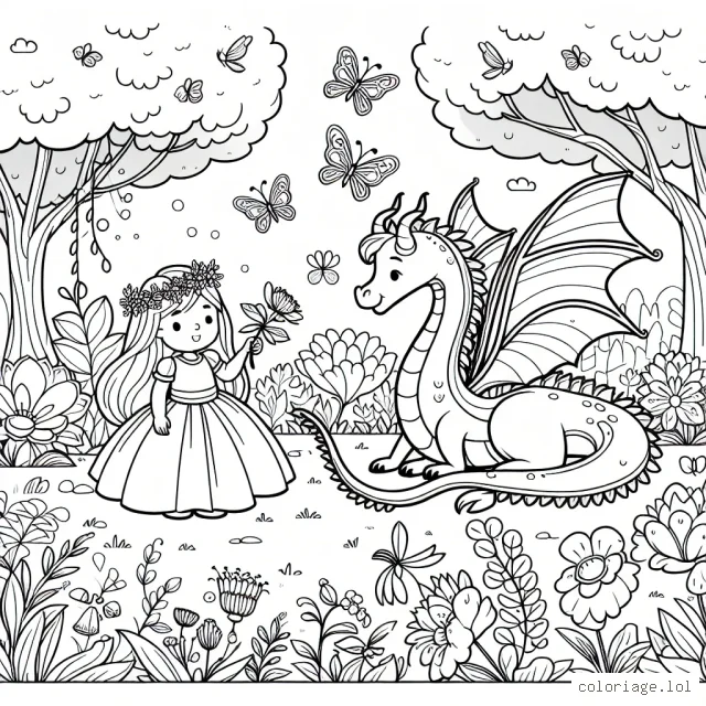 Petite princesse qui joue avec son ami le dragon dans un jardin enchanté rempli de fleurs et de papillons colorés.