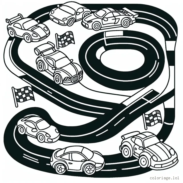 dessiner une course palpitante entre différents types de voitures sur une piste de course sinueuse