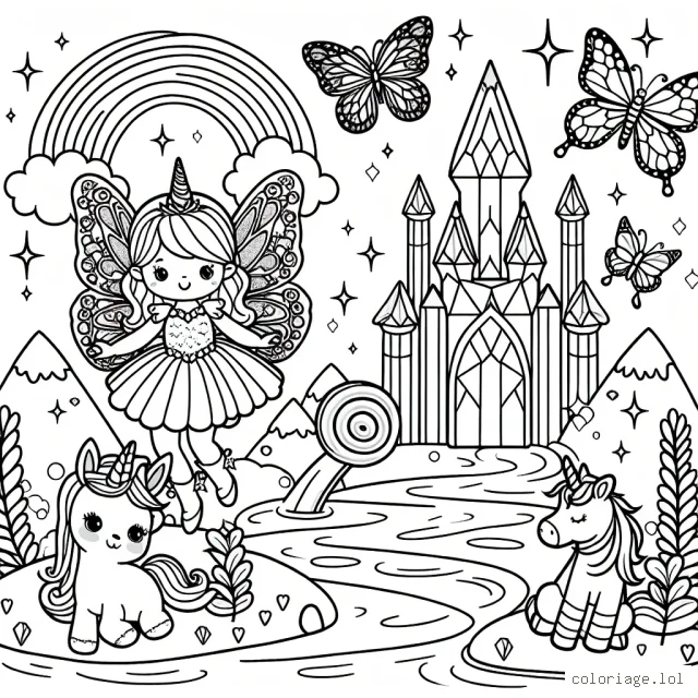 Une petite fée resplendissante vole autour d'un majestueux château de cristal. Des papillons multicolores voltigent autour d'elle, tandis qu’une licorne arc-en-ciel est assise au bord d'une rivière scintillante, en train de siroter de l'eau avec un lapin violet à ses côtés. Des nuages en forme de sucre d'orge flottent au-dessus du paysage, et au loin, des montagnes roses s'étendent à l'infini.