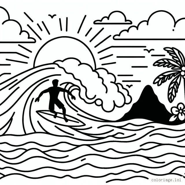 Dessine un surfeur audacieux qui surfe sur une vague géante avec une montagne et un coucher de soleil en arrière-plan