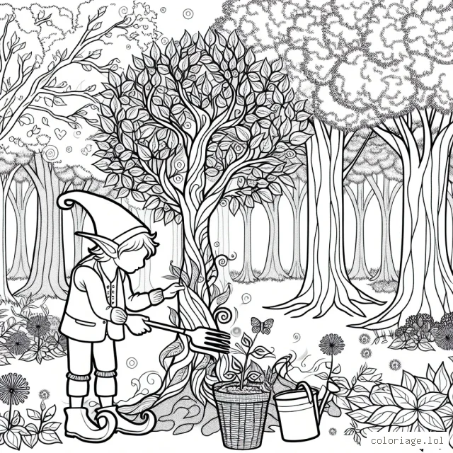 Un elfe jardinier qui plante des arbres magiques dans une forêt enchantée.