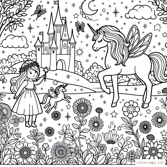 Notre petite amie découvre un jardin magique rempli de licornes, de fées, de fleurs scintillantes et de châteaux enchantés. Aide-la à ramener ce jardin à la vie avec toutes tes couleurs préférées.