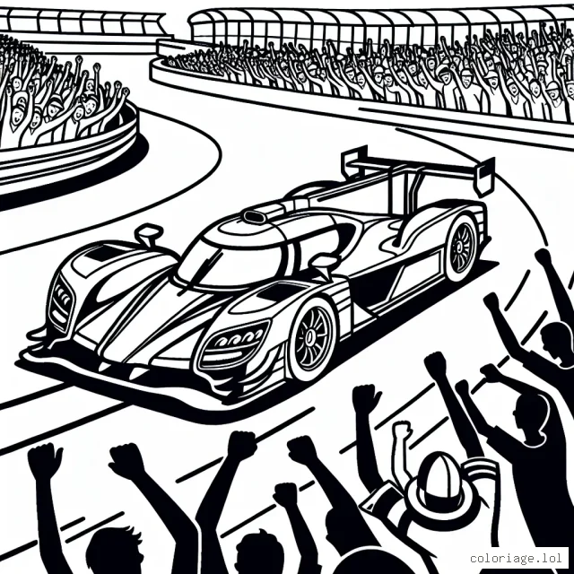 Dessine une voiture de course en pleine action sur une piste de course, entourée par des fans en liesse.