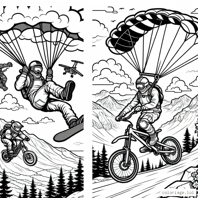 Une scène d'action palpitante sur une montagne avec un snowboardeur, un parachutiste et un vététiste, tous faisant des figures extrêmes.