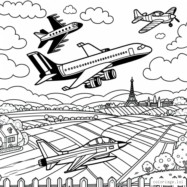 Dessine un ensemble de trois avions survolant la campagne française, un avion de ligne, un avion de chasse et un avion de voltige, tous avec un ciel ensoleillé en arrière-plan.