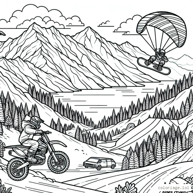 Dans ce dessin, tu découvriras un paysage de montagne, avec une piste de snowboard escarpée dans le fond. En haut de la piste, tu trouveras un sportif prêt à s'élancer sur son snowboard. Ça ne s'arrête pas là ! Sur le côté, tu verras un saut de motocross avec un motard en plein vol. Enfin, dans le ciel, tu pourras colorier un parapentiste qui survole le tout lac. Bon coloriage !