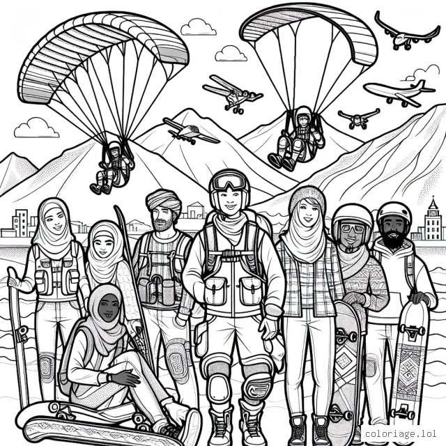 Trace en avant-plan un groupe d'amis équipés pour divers sports extrêmes. Ils peuvent avoir des équipements de sports tels que le parapente, le VTT de descente, le snowboard, le skateboard, le surf, le saut à l'élastique, et le base jump. En arrière-plan, dessine une montagne, une mer agitée et une aire de skate. Ajoute des détails qui caractérisent bien chaque sport.