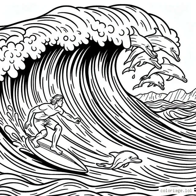 Un aventurier sur sa planche de surf dévale une vague géante sur une mer agitée, avec des dauphins qui sautent à ses côtés.