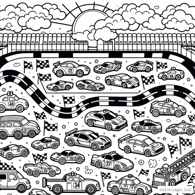 Un grand circuit de course rempli de voitures de toutes les couleurs, de la plus petite voiture classique à la plus grande voiture de sport. Il y a également des voitures de course, des voitures de rallye, et même des voitures de police et de pompier. Dans le ciel, un grand soleil brille et dessine l'ombre des voitures sur la piste. Autour du circuit, il y a des tribunes pleines de supporters qui agitent des drapeaux. Mais attention, certains drapeaux sont en noir et blanc, à toi de choisir leurs couleurs !