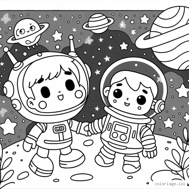Dessine une scène d'aventure spatiale où un petit garçon astronaute explore une planète étrange avec son fidèle robot compagnon. N'oublie pas d'inclure des extraterrestres amicaux, un vaisseau spatial et des étoiles brillantes.