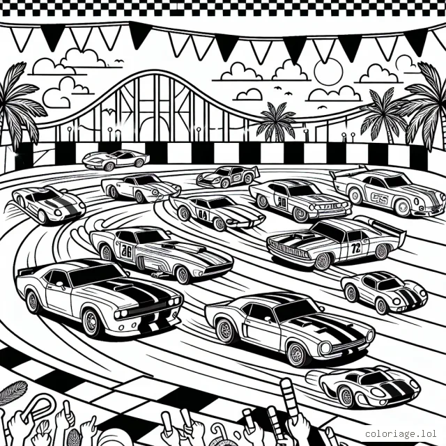 Imagine une course effrénée de voitures colorées sur un circuit éblouissant. Dessine des voitures de différentes formes et tailles, certaines ressemblant à des voitures de sport, d'autres à des voitures classiques. Il y a aussi un public en arrière-plan, encourageant leurs voitures préférées. N'oublie pas de décorer le circuit avec des palmiers, des drapeaux et des panneaux d'affichage.