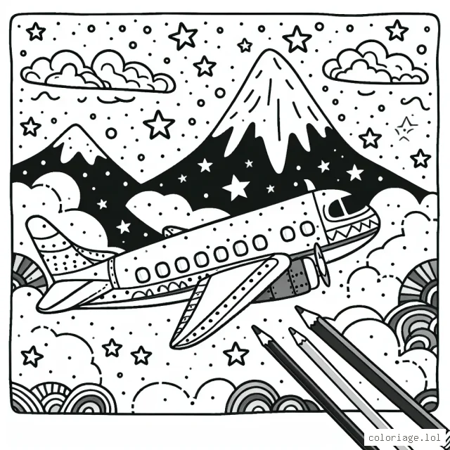 Image montrant un avion en plein vol dans le ciel étoilé. À l'arrière-plan, on aperçoit une grande montagne. L'avion est orné de divers détails et motifs pour plus de fun lors de la coloration.