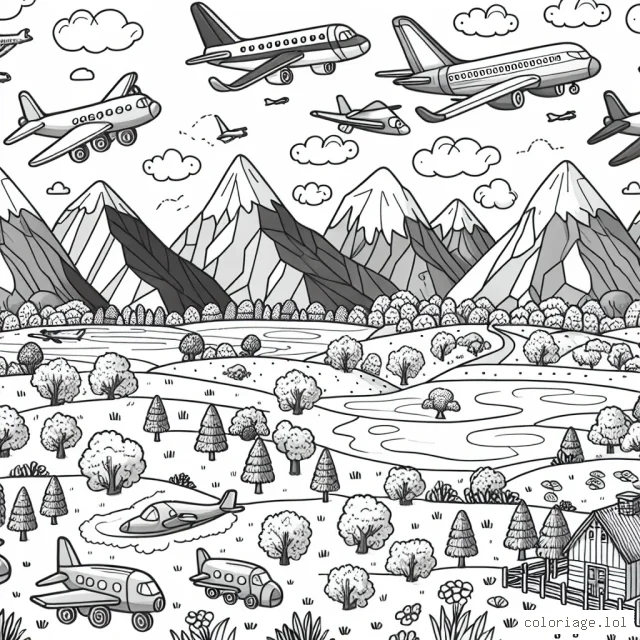 Des avions de différents modèles et tailles volent au-dessus d'un paysage varié, avec des montagnes, des lacs et des champs. Certains sont proches et d'autres plus lointains, donnant aux enfants la possibilité d'explorer les proportions et les perspectives. Il y a aussi des éléments à colorier sur le sol, comme des arbres, des animaux et des bâtiments.