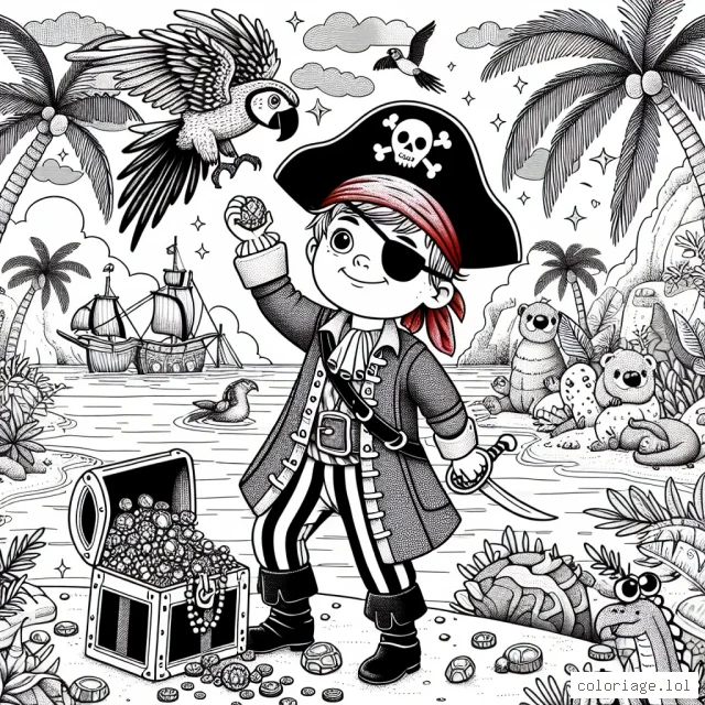 Un jeune pirate courageux explorant une île mystérieuse remplie de trésors cachés, d'animaux exotiques et de palmiers voûtants avec son fidèle perroquet au-dessus de lui. Il est habillé avec un cache-œil, une veste rouge brillante, un chapeau noir avec un crâne et une épée à sa taille. Un coffre au trésor semi-ouvert est dessiné rempli de bijoux éblouissants et de pièces d'or. Le ciel, l'océan et les animaux sont dessinés en arrière-plan.