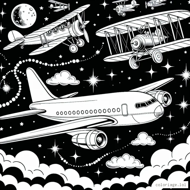 Des avions de différents types et de différentes époques voyagent dans le ciel étoilé. Vous pouvez voir un avion à réaction ultra-moderne voler côte à côte avec un biplan vintage. Il y a aussi un grand dirigeable dans le ciel. Les nuages sont parsemés ici et là, créant des formes intéressantes. Les étoiles scintillent dans le ciel nocturne, leurs reflets dansant sur les flancs brillants des avions.