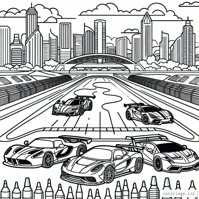 Un circuit de course avec différentes voitures sportives, un paysage urbain en arrière-plan.