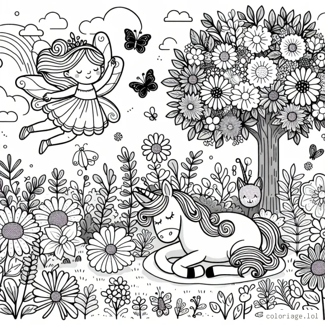 Un jardin enchanté avec une fée qui vole au-dessus des fleurs, une licorne endormie sous un arbre et un papillon posé sur une marguerite.