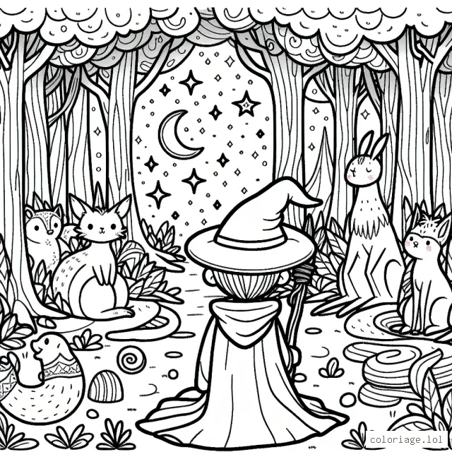 Un jeune magicien en pleine forêt enchantée, entouré d'animaux fantastiques
