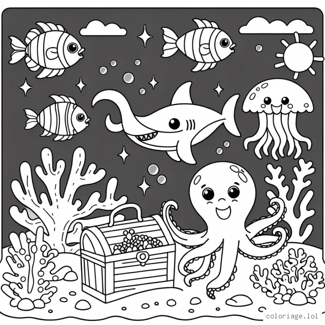 Imagine une scène maritime amusante pleine de vie, avec des poissons colorés, une pieuvre aimable, un requin souriant, du corail magnifique et un trésor étincelant sur le fond marin.