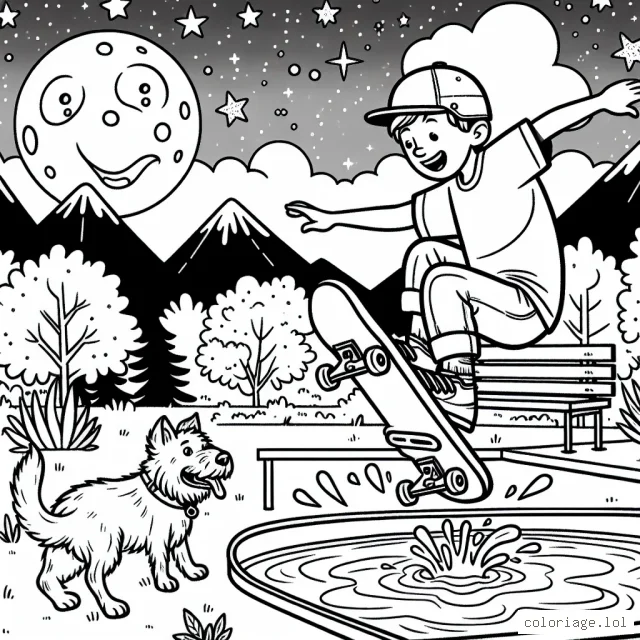 Un sportif fait du skate dans un parc avec des montagnes en arrière-plan et la pleine lune dans le ciel. Il s'apprête à sauter par-dessus une rampe avec des éclaboussures d'eau autour en raison d'une flaque d'eau dans le sol. Son chien le regarde à distance, prêt à courir après lui. Des étoiles scintillantes remplissent le ciel nocturne, ajoutant une sensation de rêve à la scène.