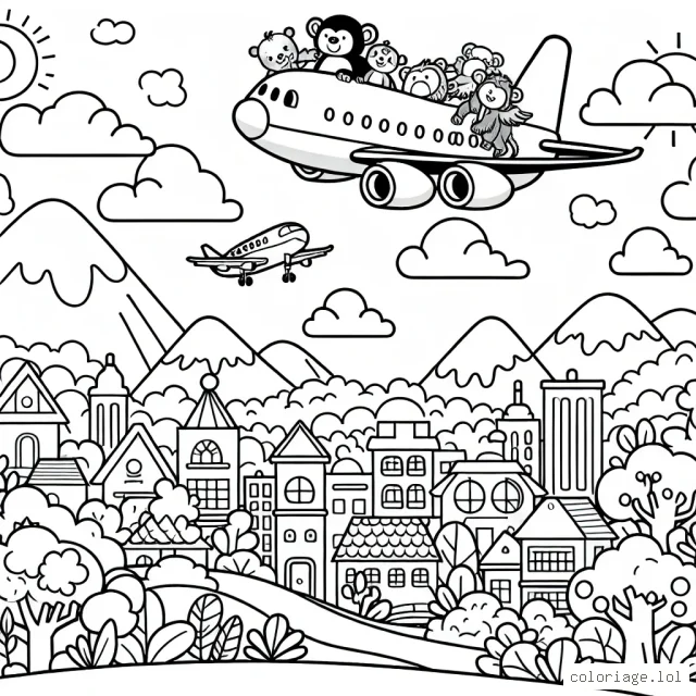 Imagine une scène animée où un avion survole une ville pittoresque, avec des montagnes dans le fond. L'avion emporte des animaux de la jungle qui partent en vacances. Le détail de chaque élément rendra ce coloriage plus amusant.
