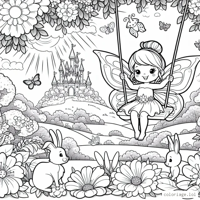 Imagine un magnifique paysage de jardin avec une petite fée se balançant sur une fleur. Autour d'elle, il y a des papillons, des oiseaux et des lapins. Au loin, on peut apercevoir son château de fées resplendissant sous le soleil.