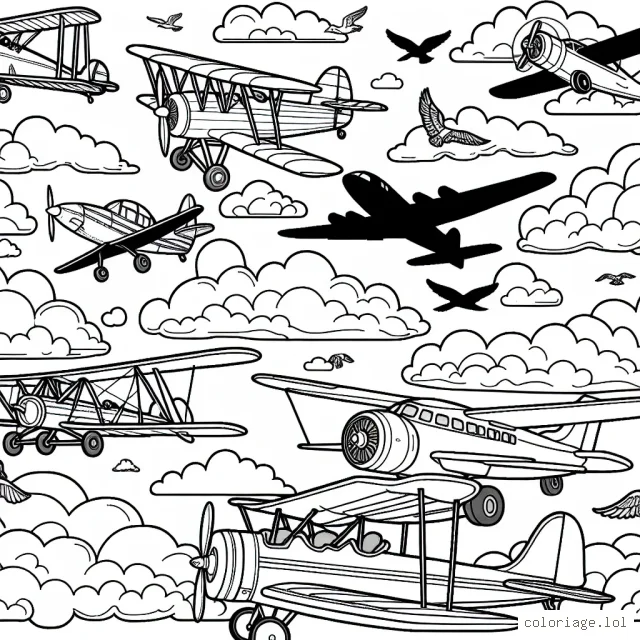 Sur cette page, tu découvriras différents types d'avions, du biplan vintage au jet de ligne ultra-moderne. Il y a aussi un ciel magnifique en toile de fond à colorier, ainsi que des nuages. Des silhouettes d'oiseaux volant dans le ciel évoquent le monde naturel. Es-tu prêt à donner de la couleur à cette aventure aérienne ?