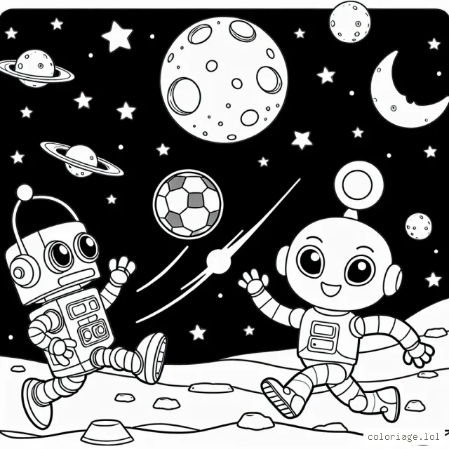 Un robot joueur de football poursuivi par un extraterrestre sur la lune.