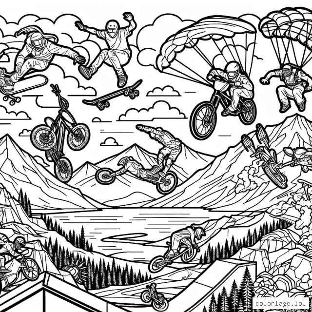 Une scène intense de sports extrêmes où un groupe d'athlètes réalise une panoplie de cascades aériennes et terrestres : un skateboarder sautant par-dessus une rampe, un surfeur sur une grande vague, un sauteur à vélo faisant un flip et un parachutiste en chute libre. De plus, il y a des montagnes, un océan, un ciel détaillé et des arbres à colorier.