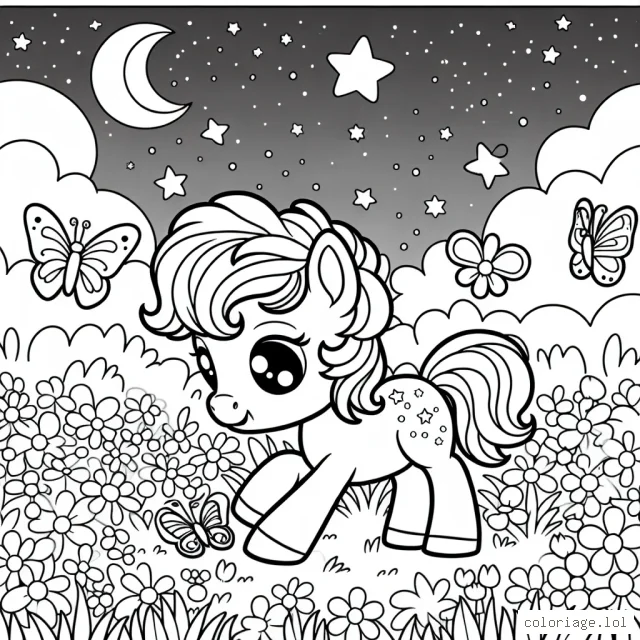 Un petit poney joue avec des papillons dans un jardin fleuri sous un ciel étoilé