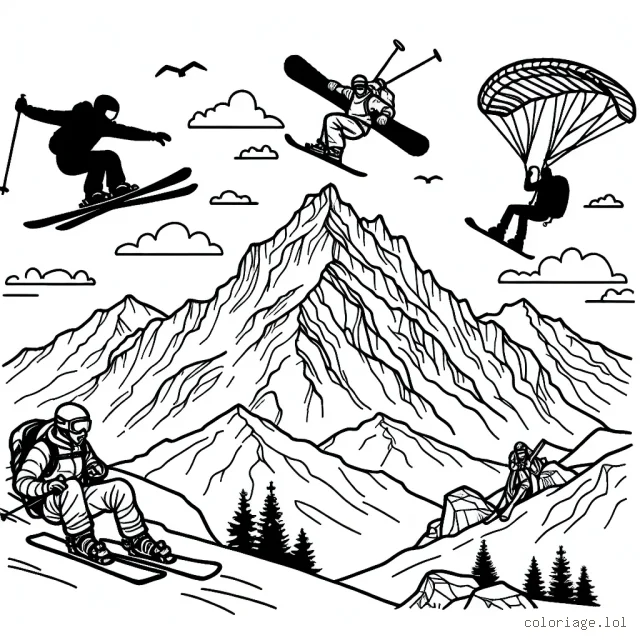 Sur une montagne imposante, des sportifs sont engagés dans diverses activités extrêmes. Dessine un skieur en plein saut, un snowboarder dévalant une piste, un alpiniste suspendu à la roche et un parapentiste sillonnant les cieux. Ajoute autant de détails que possible pour rendre chacune de ces scènes vivantes.