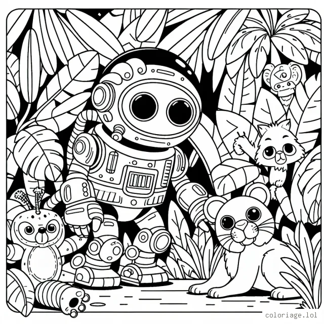 Un robot extra-terrestre jouant à cache-cache avec des animaux de la jungle