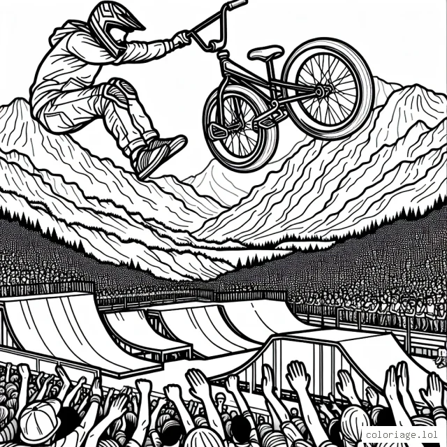 Imagine un sportif casqué, suspendu dans les airs en train d'effectuer un spectacle de BMX. En arrière-plan, on voit une foule impressionnante ovationner cette performance héroïque. De grandes rampes ainsi que des montagnes majestueuses sont également visibles.