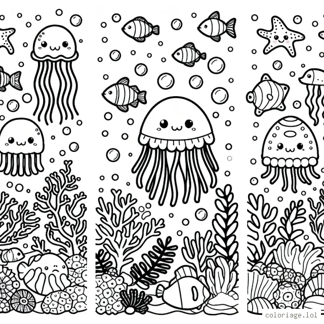 Prépare-toi à colorier un merveilleux monde sous-marin plein de poissons colorés, de coraux étonnants, de jolies méduses et d'amis marins !