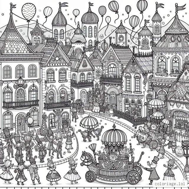 Imagine une grande scène de carnaval dans une ville fantaisiste. Dessine des maisons aux formes et couleurs extravagantes, quelques joyeux habitants déguisés, des ballons et confettis volant dans l'air. Au centre, fais figurer un grand défilé de chars décorés, avec des musiciens, jongleurs et acrobates. Rajoute une atmosphère festive en représentant des guirlandes et des lampions suspendus entre les maisons.