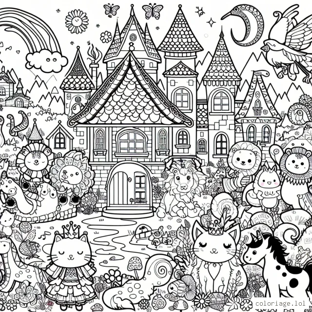 Tu es dans un conte de fées où différents animaux vivent dans un château coloré. Peux-tu apporter de la couleur à ce monde enchanté en coloriant tous les détails ?