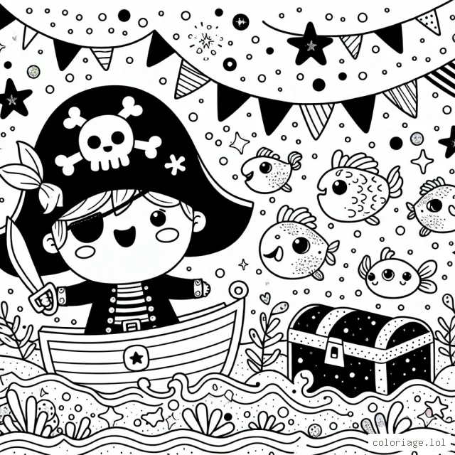 Un pirate naviguant dans un océan de confettis avec de jolies créatures marines colorées et un trésor étincelant