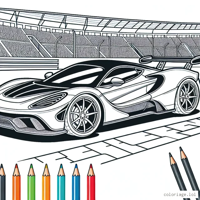 Dessine une voiture de sport ultra-rapide sur une piste de course, avec des gradins remplis de spectateurs en arrière-plan. La voiture de sport doit avoir un aileron arrière, des roues élégantes et une carrosserie élégante.