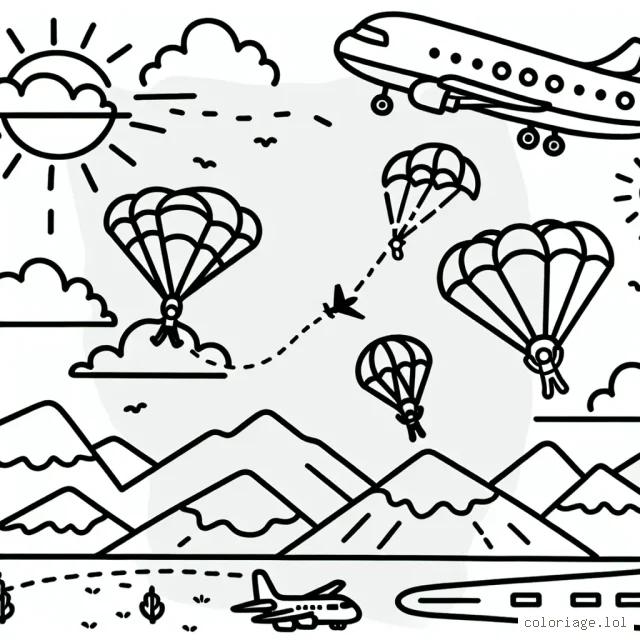 Imaginer un avion volant au-dessus des montagnes, un autre avion au bord d'une piste d'atterrissage et quelques parachutistes venant de sauter d'un troisième avion. Dessinez également quelques nuages dans le ciel et le soleil qui brille.