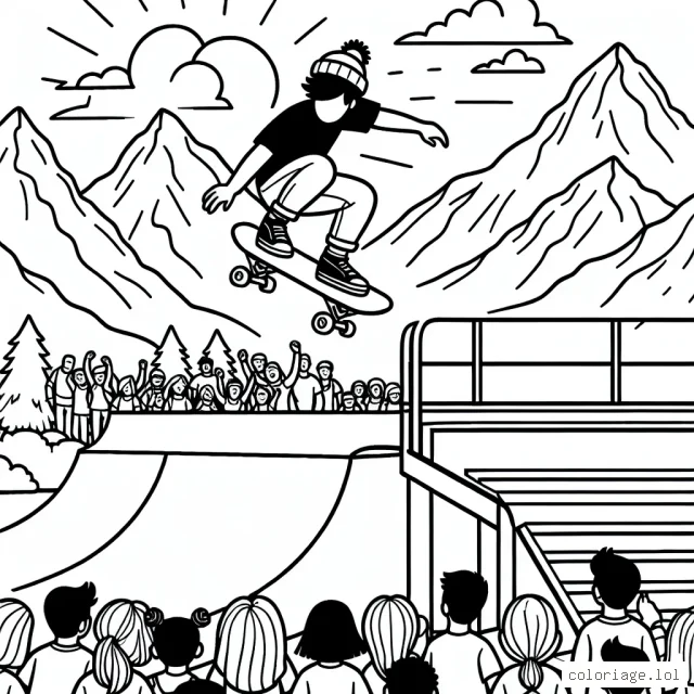 Imagine un skateur professionnel en plein saut au-dessus d'une rampe, avec des montagnes enneigées en arrière-plan. Ajoute également des spectateurs qui le regardent avec étonnement!