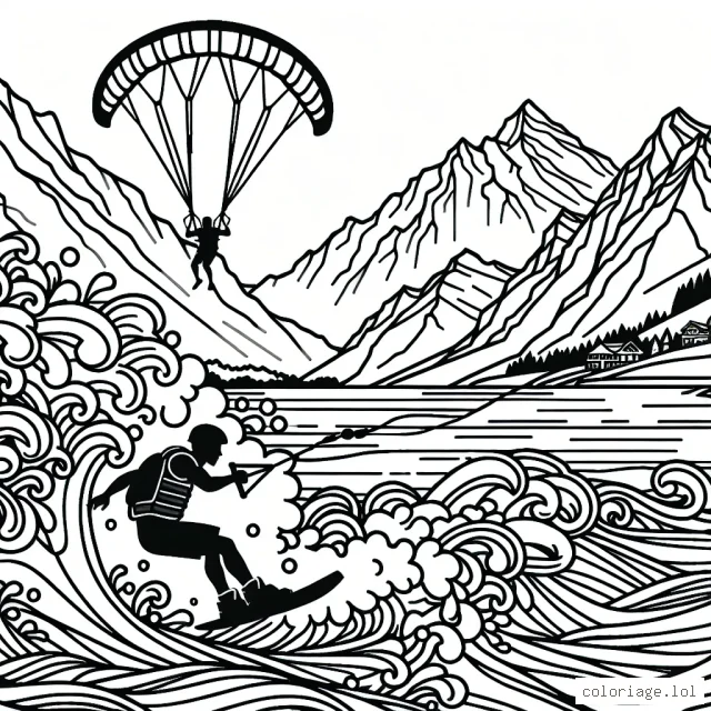 Un athlète extrême fait du wakeboard sur des vagues déchaînées, alors qu'un parapentiste survole la scène. En arrière-plan, des montagnes escarpées sont le théâtre de descentes en VTT extrême et d'escalade free solo.