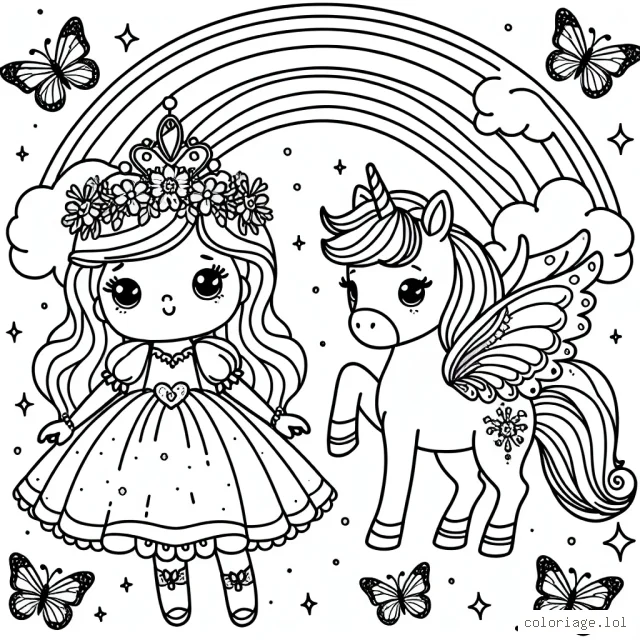Une petite princesse d'un royaume enchanté, un magnifique poney violet avec des ailes scintillantes, sous un arc en ciel magique entouré de papillons colorés