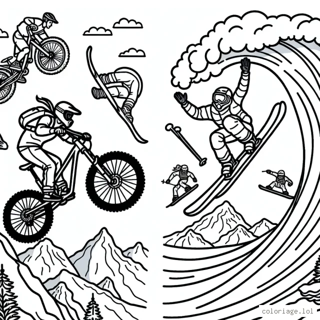 Dessine un vététiste effectuant un saut audacieux sur une montagne rocheuse, tandis qu'un skieur freestyle exécute un double flip à l'arrière-plan. Ajoute à ton dessin un surfeur qui ride une énorme vague, un base jumper en plein vol et un skateboarder opérant un kickflip sur un half-pipe.