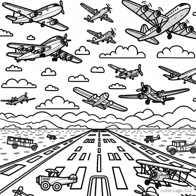Un ciel plein d'avions des différentes époques en plein décollage et atterrissage sur une piste