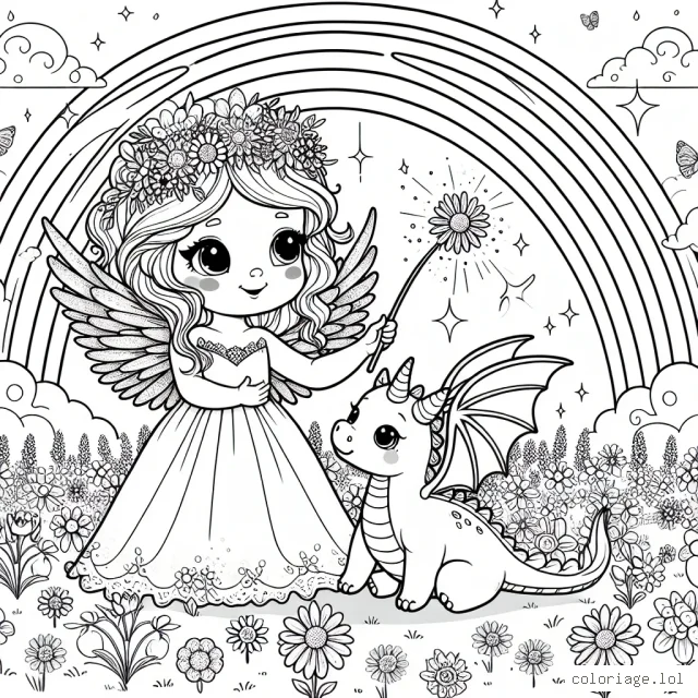 Imagina un univers féerique en coloriant une princesse ailée jouant avec son petit dragon de compagnie dans un champ fleuri sous un arc-en-ciel