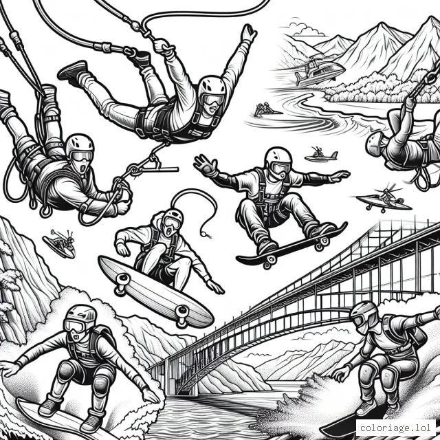 Des sportifs intrépides s'adonnent à diverses activités extrêmes : saut à l'élastique depuis un pont, escalade d'une montagne abrupte, surf sur de grosses vagues, base-jump d'un gratte-ciel et même du skateboard sur une rampe à moitié-boucle. Tous ces sportifs sont en pleine action, avec leur équipement de sécurité et dans leurs environnements naturels impressionnants. Votre mission est de donner vie à cette page en la coloriant.