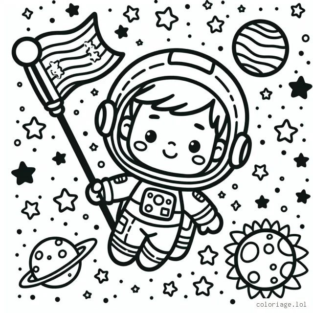 Un petit garçon héroïque vole dans l'espace avec une combinaison d'astronaute, tenant un drapeau représentant la Terre. Des planètes, des étoiles et des comètes scintillantes remplissent l'arrière-plan.
